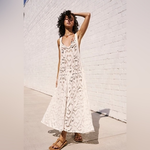 FP Beach Bianca Midi Yellow Crochet Beach Cover-Up Dress Medium Free People - Picture 8 of 9